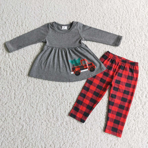 Trucl Tree Gray Red Plaid Girls Christmas Outfits