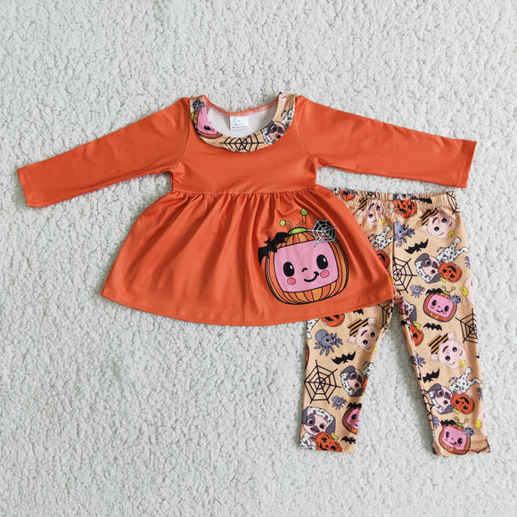 Promotional Cartoon Orange Pumpkin Bats Girls Halloween Outfits