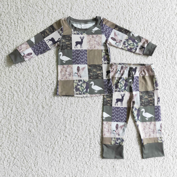 Jungle Deer Duck Camo Plaid Green Boys Long Sleeve Pajamas