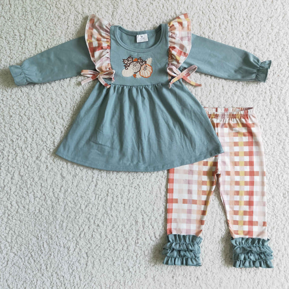 Three Pumpkins Plaid Bluish Legging Girls Long Sleeve+Trousers Sets
