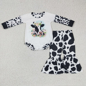 3-6M to 5-6T Cow Print White Fall Romper Girls Long Sleeve+Trousers Sets
