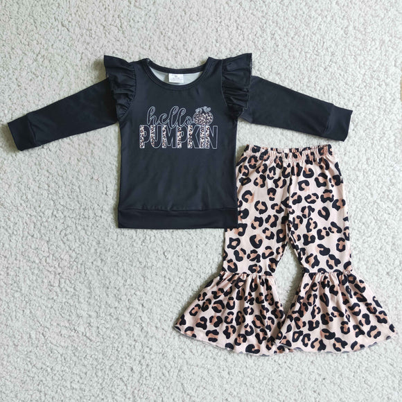 Promotional Hello Pumpkin Leopard Print Black Girls Long Sleeve+Trousers Sets