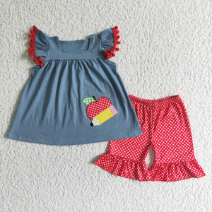 Pencil Apple Embroidery Blue Red Girls Back to School Outfits