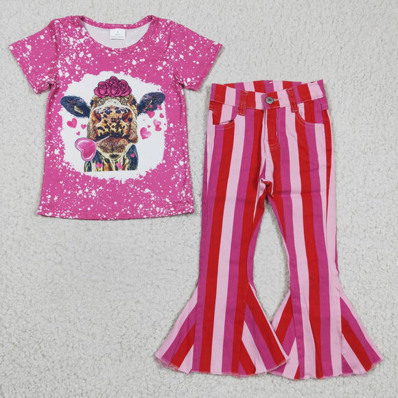 Love Cow Bleached Hot Pink Striped Jeans Girls Valentine Outfits