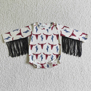 Highland Cow Cactus Tassels Girls Fall Romper