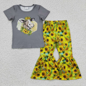 Promotional Sunflower Cow Gray Girls Short Sleeve+Trousers Sets