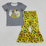 Promotional Sunflower Cow Gray Girls Short Sleeve+Trousers Sets