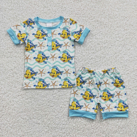 Promotional Cartoon Fish Sky Blue Boys Short Sleeve Pajamas