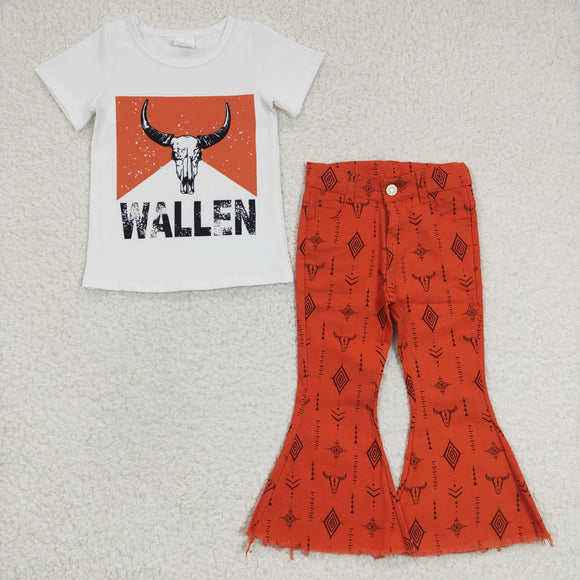 Wallen White Orange Jeans Girls Short Sleeve+Trousers Sets