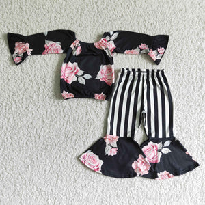 Promotional Floral Stripes Navy Girls Long Sleeve+Trousers Sets