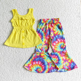 Promotional Unique Bow Yellow Tie Dye Girls Short Sleeve+Trousers Sets