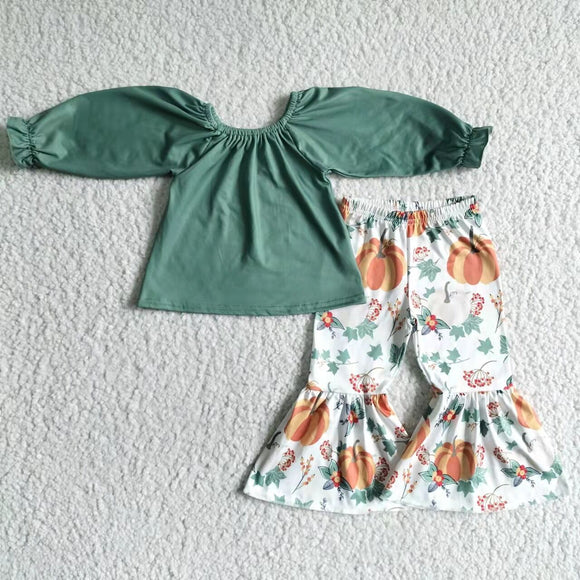 Promotional Pumpkin Green Girls Long Sleeve+Trousers Sets