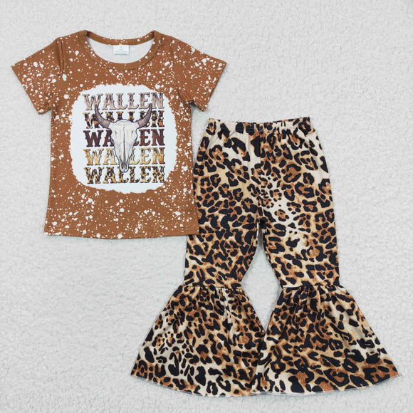 Wallen Letters Leopard Print Brown Girls Short Sleeve+Trousers Sets