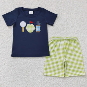 Golf Plaid Green Navy Boys Shorts Sets