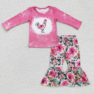 Promotional Floral Chicken Pink Girls Long Sleeve+Trousers Sets