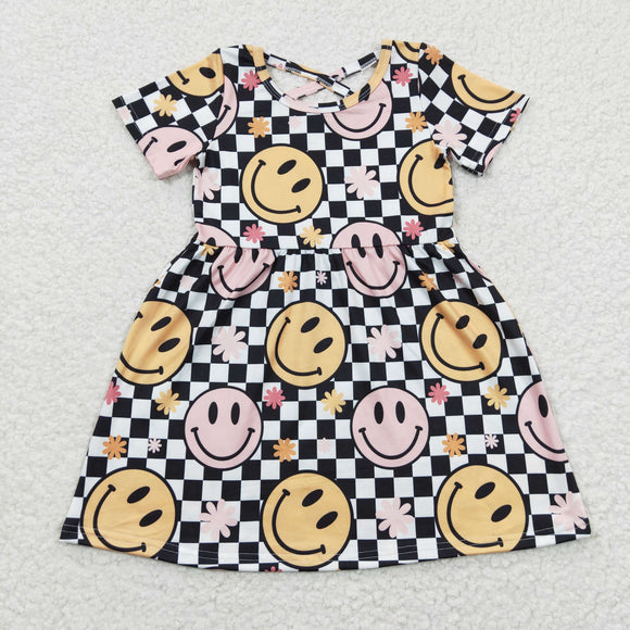 Promotional Smile Black White Plaid Girls Short Sleeve Dress
