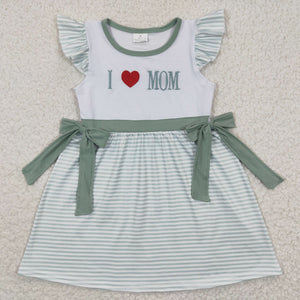 I Love Mom Stripe Green Bows Girls Short Sleeve Dress