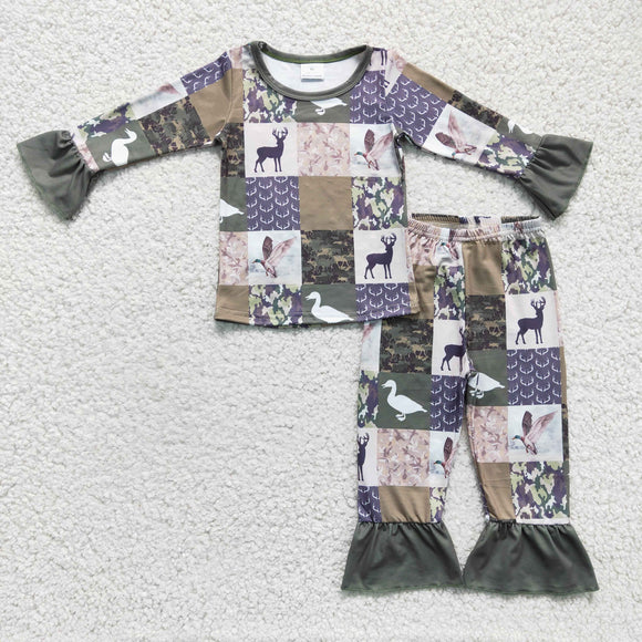 Jungle Deer Duck Camo Plaid Green Girls Long Sleeve Pajamas