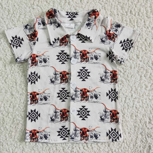 Highland Cow Cactus Aztec White Shirts Turn Down Collar Boys Short Sleeve Top