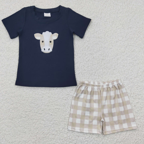 Cow Embroidery Plaid Navy Boys Shorts Sets