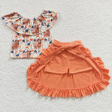 Highland Cow Floral Orange Girls Skirt Sets