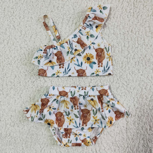Floral Cow White Girls Swimsuits
