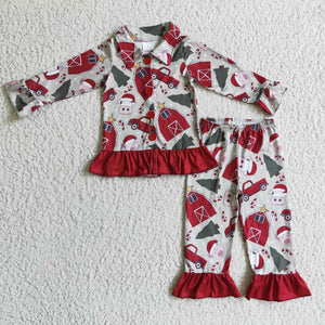 Farm Animals Truck Collar Red Gray Girls Christmas Pajamas