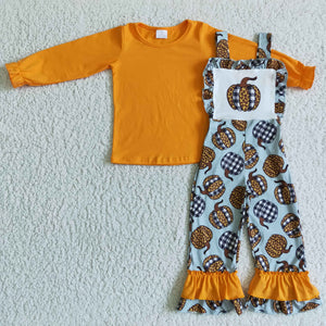 Orange Top Pumpkin Print Girls Overalls Sets