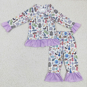 Cartoon Purple Ruffles Collar Girls Long Sleeve Pajamas