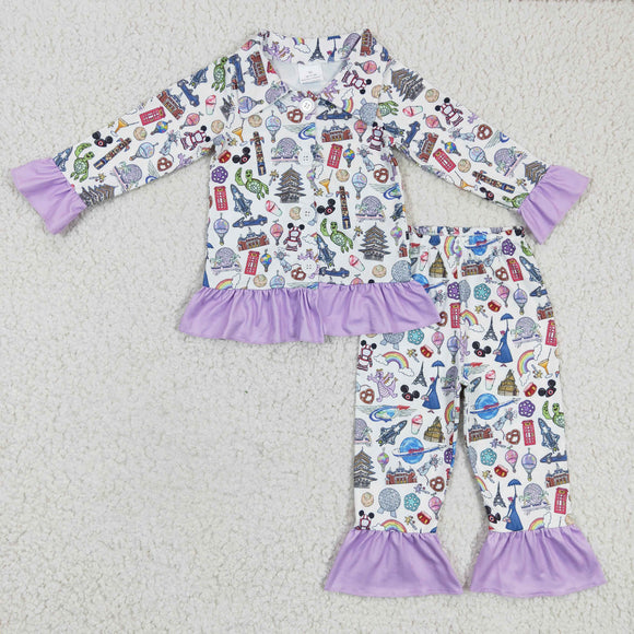 Cartoon Purple Ruffles Collar Girls Long Sleeve Pajamas
