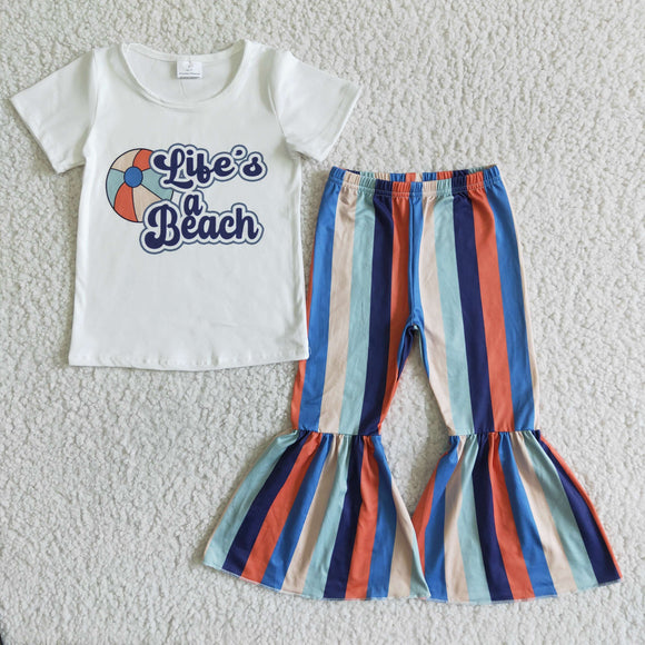 Promotional Beach Ball Stripe Girls Short Sleeve+Trousers Sets