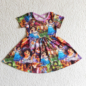 Promotional Purple Criss-Cross Cartoon Girls Short Sleeve Dress