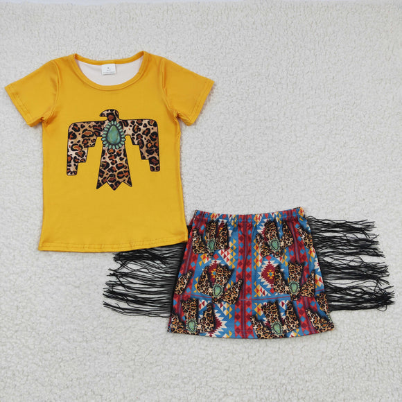 Promotional Eagle Aztec Yellow Tassels Girls Skirt Sets