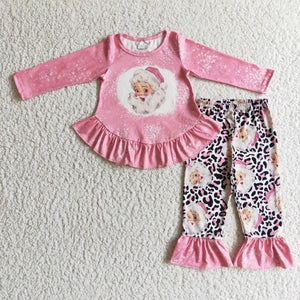 Promotional Santa Leopard Print Pink Ruffles Girls Christmas Outfits