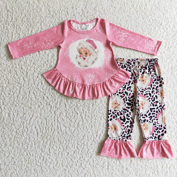 Promotional Santa Leopard Print Pink Ruffles Girls Christmas Outfits