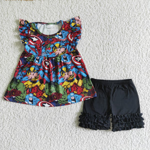 Promotional Cartoon Hero Black Girls Shorts Sets