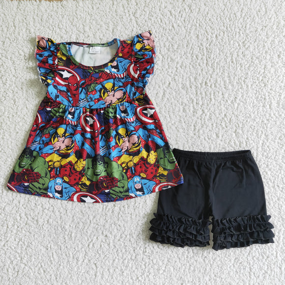 Promotional Cartoon Hero Black Girls Shorts Sets