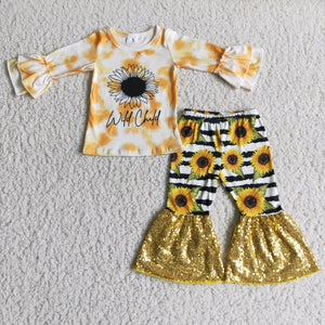 Promotional Wild Child Sunflower Sequins Girls Long Sleeve+Trousers Sets