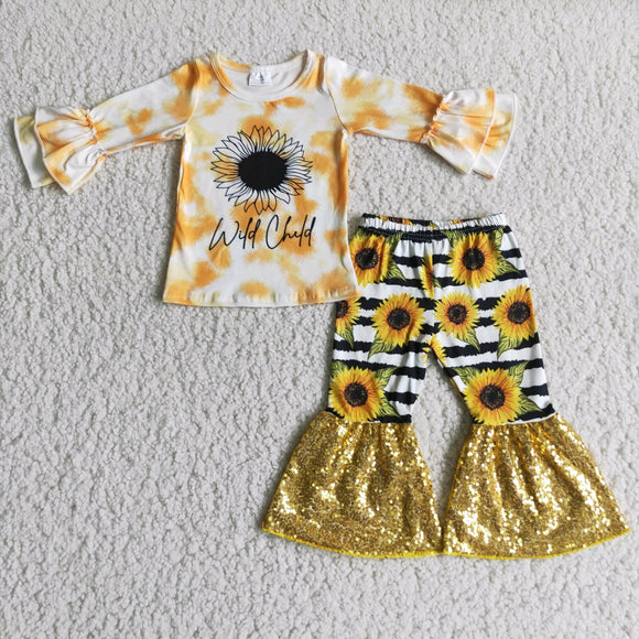 Promotional Wild Child Sunflower Sequins Girls Long Sleeve+Trousers Sets