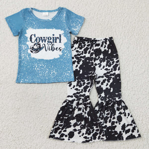 Cowgirl Vibes Cow Print Blue White Girls Short Sleeve+Trousers Sets