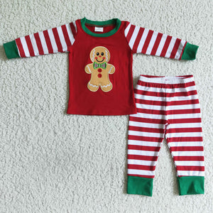 Gingerbread Embroidery Red Stripes Boys Christmas Pajamas