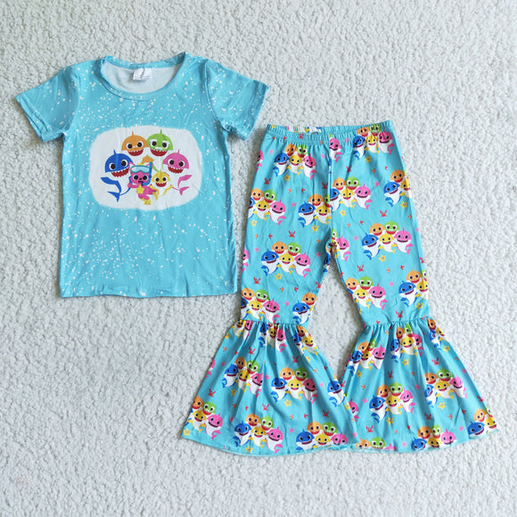 Cartoon Fish Sky Blue Girls Short Sleeve+Trousers Sets