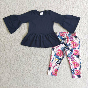 Promotional Solid Color Navy Floral Legging Girls Long Sleeve+Trousers Sets