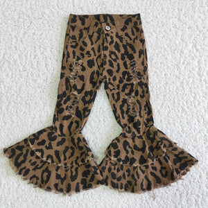 Leopard Print Distressed Flared Girls Jeans Pants