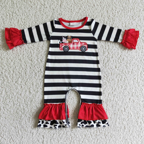 Cow Horse Truck Embroidery Stripes Red Ruffles Girls Fall Romper