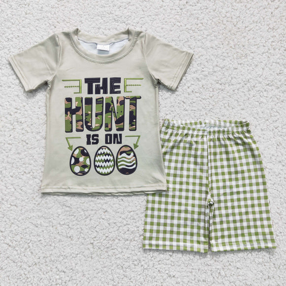 Promotional The Hunt is on Eggs Green Plaid Boys Easter Outfits