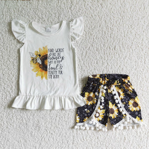 Promotional Sunflower Bee Pompom Girls Shorts Sets