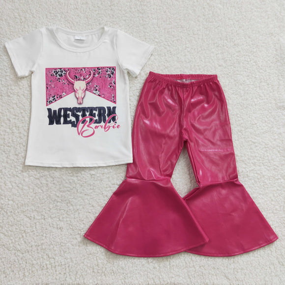 Western Cow White Hot Pink Leather Girls Short Sleeve+Trousers Sets