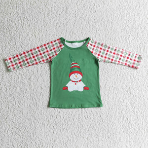 Snowman Red Plaid Green Boy Christmas Top