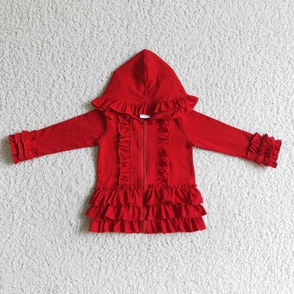 Solid Red Ruffle Girls Hoodie Top